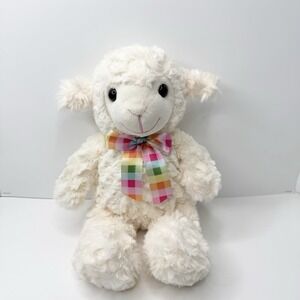 Dan Dee Lamb Plush Stuffed Animal White Sheep Rainbow Gingham Bow 13"
